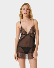Load image into Gallery viewer, PEONY SHORT CHEMISE AND THONG SET BLACK
