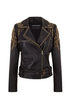 Load image into Gallery viewer, GOLD RHINESTONE LEATHER MOTO JACKET
